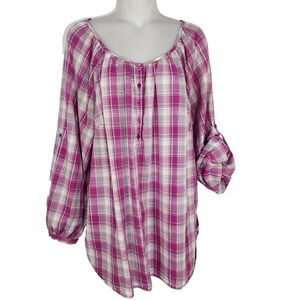 Lane Bryant Top Woman 18/20W Pullover Long Roll Tab Sleeve Purple Plaid Buttons